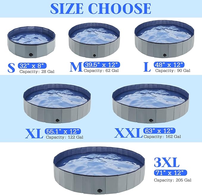 Foldable Dog Bath Swimming Pool 71'' Plastic Kiddie Pool Professional Tub Collapsible Grooming Bathtub for Pets Kids Baby and Toddler, 71 x 12 Inches Gray-PawvioPets