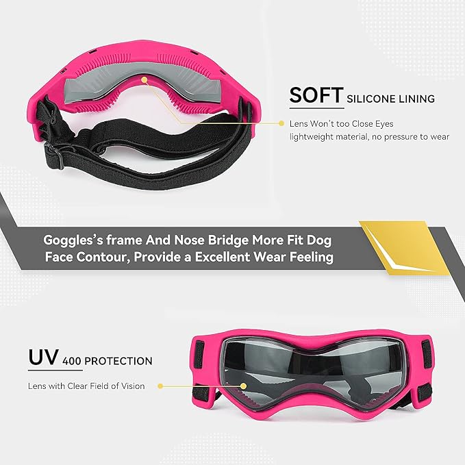 Dog Goggles Dog Sunglasses for Small Breed UV Protection Windproof with Adjustable Head Straps Chin Straps for Ride Car/Hiking Travel/On Beach-Pink-PawvioPets