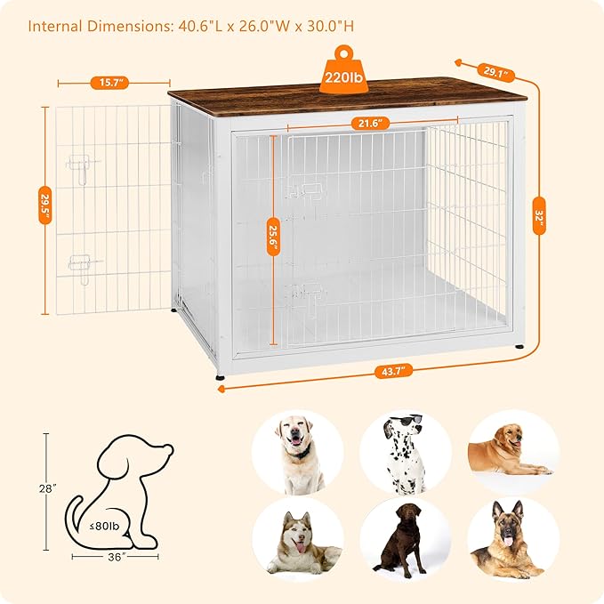DWANTON Dog Crate Furniture with Cushion, Wooden Kennel Table with Double Doors, Indoor Dog House, Extra Large Size, 43.3" L, White+Rustic Brown-PawvioPets
