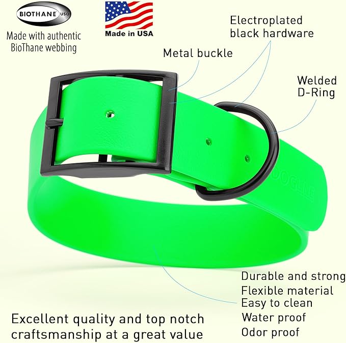 Dogline Biothane Waterproof Dog Collar Strong Coated Nylon Webbing with Black Hardware Odor- Proof for Easy Care Easy to Clean High Performance Fits Small Medium or Large Dogs, Tropical Green-PawvioPets