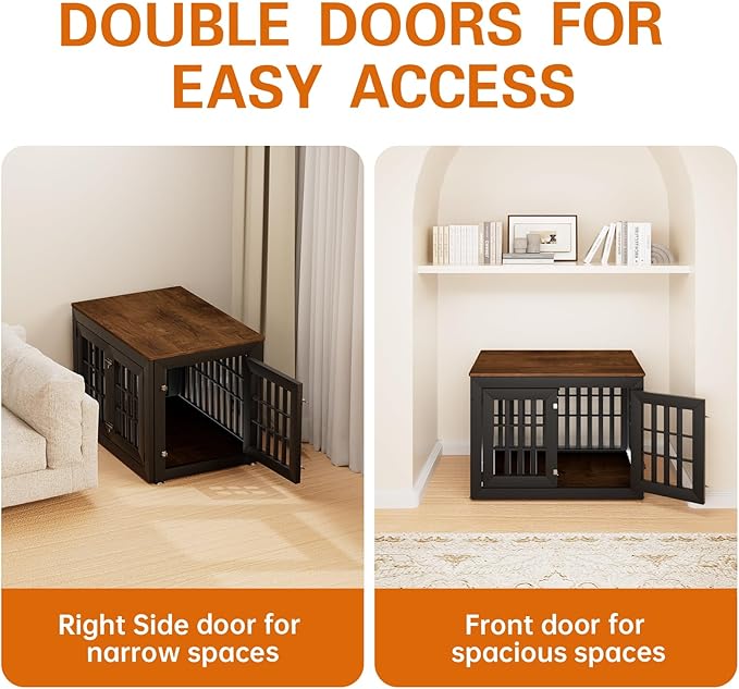 38" Heavy Duty Dog Crate Furniture for Small,Medium and Large Dogs,Rustic Wooden Dog Cage Kennel Indoor Furniture with Waterproof Top,Decorative Pet House Side End Table (Black & Wood)-PawvioPets