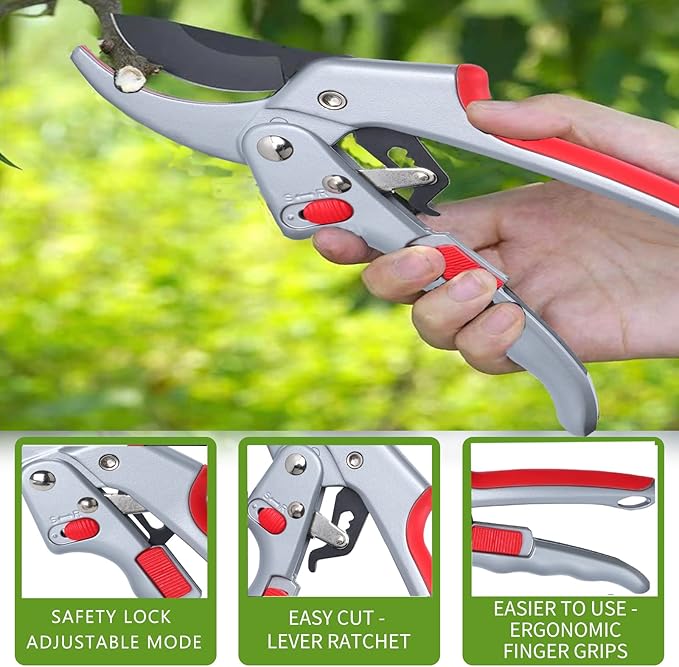Garden clippers, premium Germany pruners, Work 3 times easier, professional ratchet pruning shears, cutting rose, flower, hedge, stem, tree, Sharp gardening scissors, Arthritis weak hand snips-PawvioPets