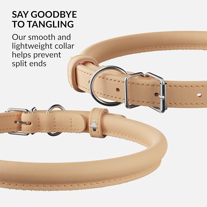 CollarDirect Rolled Leather Dog Collar, Soft Padded Round Puppy Collar, Handmade Genuine Leather Collar Dog Small Large Cat Collars 13 Colors (18-22 Inch, Beige Smooth)-PawvioPets