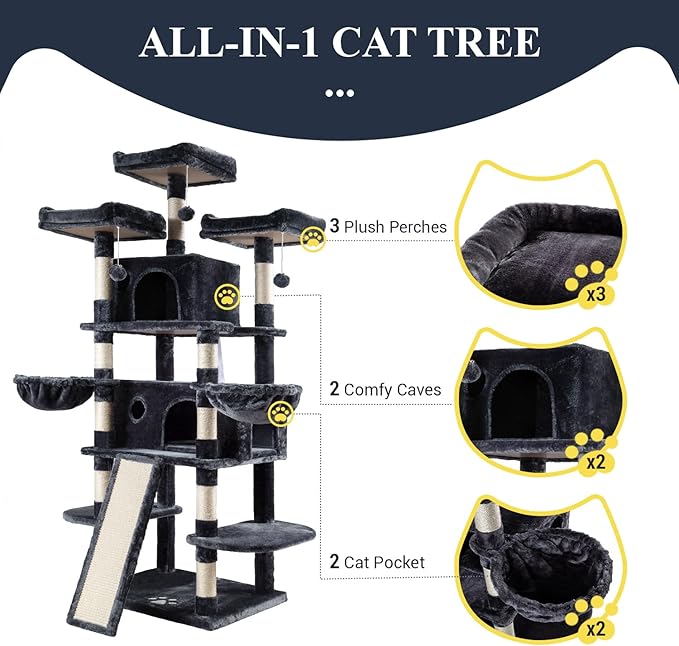 Allewie 68 Inches Cat Tree/House and Towers for Big Feline/Scratching Post/Multi-Level Large Kitty Climbing Tree with Condo/Smokey Grey-PawvioPets