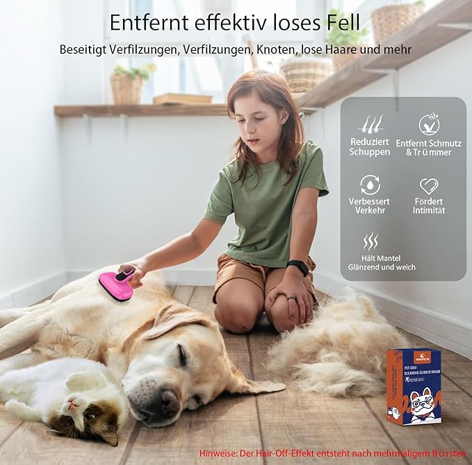 Dog Brush for Shedding & Grooming, Self Cleaning Slicker with Retractable Pins for Short & Long Haired Dogs & Cats. Removes Loose Fur, Undercoat, Mats & Tangles. Fits Large, Small Pet. Pink-PawvioPets