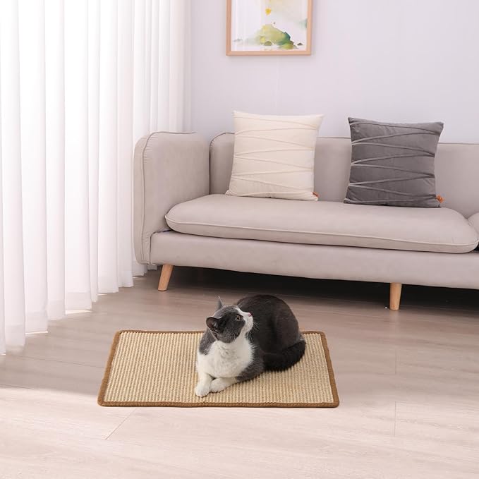 FUKUMARU Cat Scratcher Mat, 23.6 X 15.7 Inch Natural Sisal Cat Scratch Mats, Horizontal Cat Floor Scratching Pad Rug with Sticky Tapes, Protect Sofa and Carpet-PawvioPets