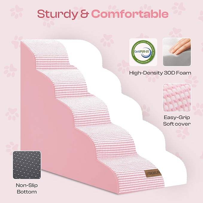 Curved Dog Stairs for High Bed Up to 26", 5-Step Dog Ramp for Small Dogs with Washable Cover, Non-Slip Steps for Cats to Get on Couch and Sofa, Durable Foam Ladder for Medium Breeds, White Pink-PawvioPets