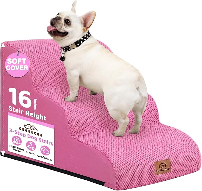 Dog Ramp and Stair for Bed 16" H-20 H,3-Step Cat Stair for Sofa and Chair,4-Step Dog Ramp for High Bed and Window,Durable Nonslip Fabric Cover for Indoor (Pink-16 H, Pet Friendly, 3)-PawvioPets