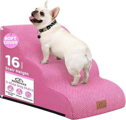 Dog Ramp and Stair for Bed 16" H-20 H,3-Step Cat Stair for Sofa and Chair,4-Step Dog Ramp for High Bed and Window,Durable Nonslip Fabric Cover for Indoor (Pink-16 H, Pet Friendly, 3)-PawvioPets