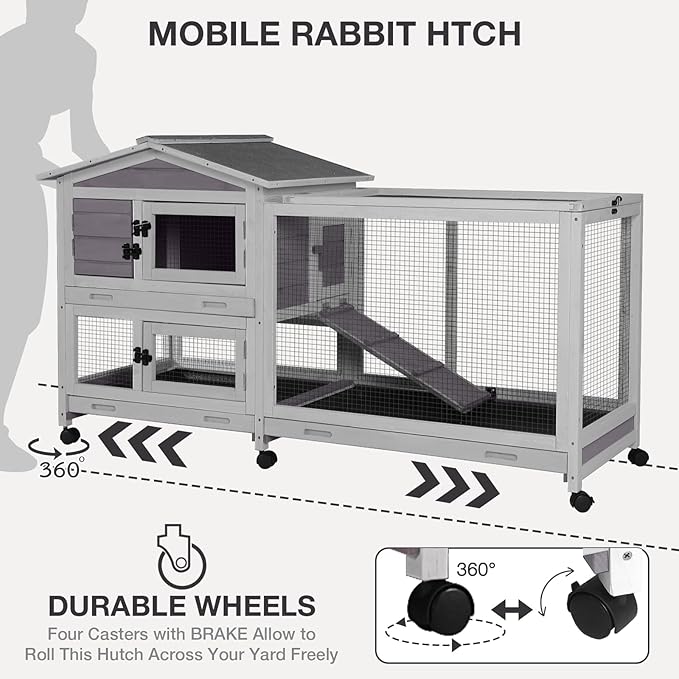 2-Story Indoor Rabbit Hutch with Chew-Proof Outdoor Rabbit Cage with 6 Locking Casters Bunny Cage 2 Pull-Out Trays Guinea Pigs Cage 62"-PawvioPets