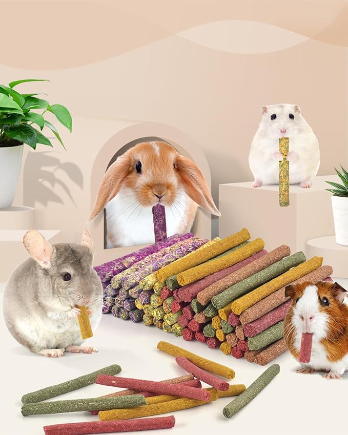 Bissap 72 PCS Rabbit Chew Sticks, Natural Timothy Hay Pumpkin Sugar Beet Carrot Strawberry Rose Dahlberg Daisy Forget-me-not Flower Treat for Bunny Chinchilla Guinea Pig Hamster Small Pet Molar Snack-PawvioPets
