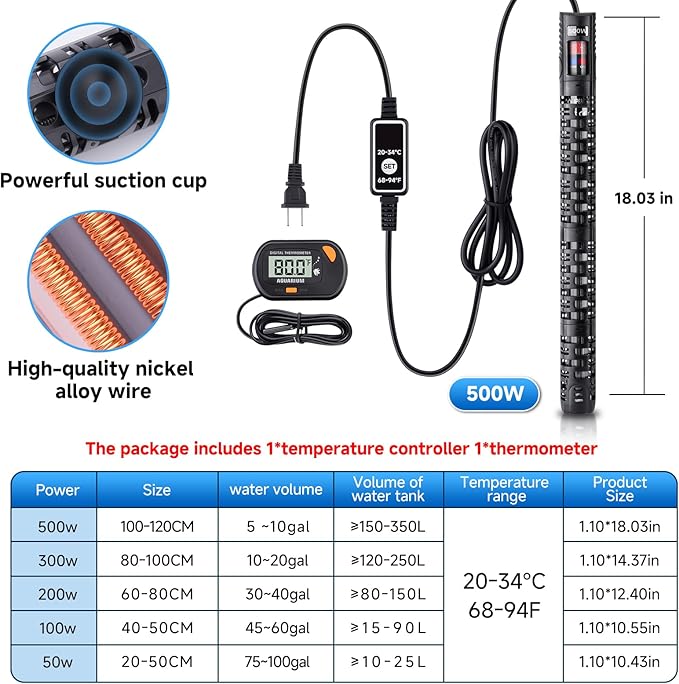 Aquarium Heater Submersible Fish Tank 500W& Turtle Tank Heater with External Adjustment Controller, Included Thermometer, LED Display, Overheat Protection, Detachable Cover, for Saltwater&Freshwater-PawvioPets