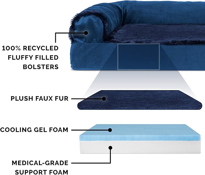 Furhaven Cooling Gel Dog Bed for Large Dogs w/ Removable Bolsters & Washable Cover, For Dogs Up to 125 lbs - Plush & Velvet L Shaped Chaise - Deep Sapphire, Jumbo Plus/XXL-PawvioPets