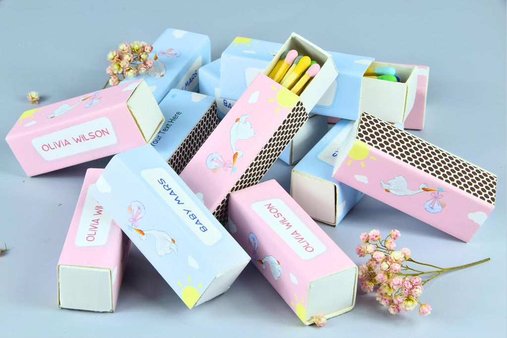 Customizable Baby Shower Matchboxes – Set of 10 – Cute Baby Design – Colorful Matchsticks – Perfect for Baby Shower Favors (2" Matchsticks, Baby #1)