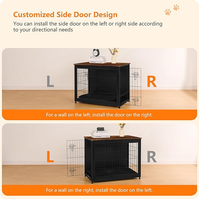 DWANTON Dog Crate Furniture with Cushion, Wooden Kennel Table with Double Doors, Indoor Dog House, Medium Size, 32.5" L, Black+Rustic Brown-PawvioPets