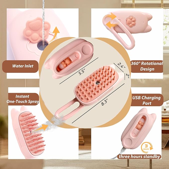 4 in 1 Cat Steam Brush Rechargeable Anti-Static Pet Spray Hair Removal Comb for Shedding and Grooming Multi-functional Pet Massage Brushes for Cats Dogs Small Animals-PawvioPets