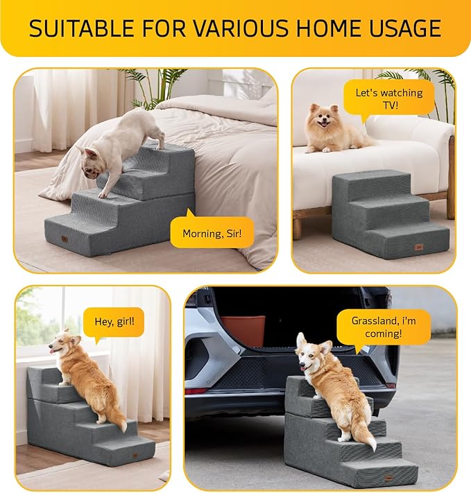 Dog Stairs for High Bed, Dog Steps for Bed Couch Sofa, 35D Foam Extra Wide Pet Steps for Small Dogs and Cats, Pet Stairs with Non-Slip Bottom Grey, 5 Steps-PawvioPets