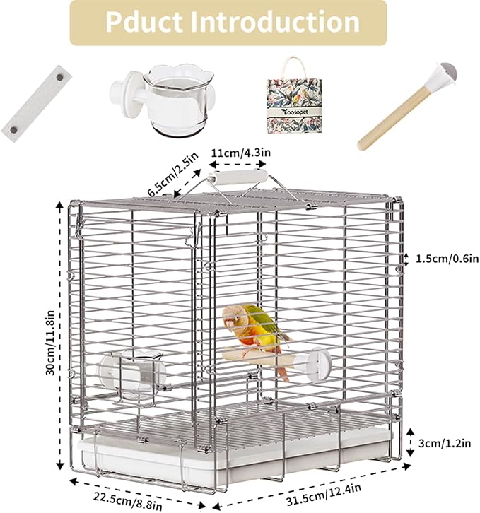 Bird Carrier Travel Cage - 304 Stainless Steel Portable Folding Bird Travel Cage with Parrot Feeder Cups & Standing Perch for Smaller Birds Conures Lovebird Cockatiel Parakeets (White)-PawvioPets
