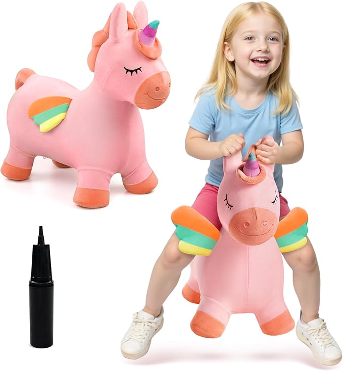 EVERICH TOY Bouncy Horse Unicorn Toys, Inflatable Bouncing Animal Hopping Toys, Outdoor Indoor Ride on Bouncer, Boys Girls Birthday Gift for 18 Month 2 3 4 5 6 Year Old Kid- Plush Unicorn Toy-PawvioPets