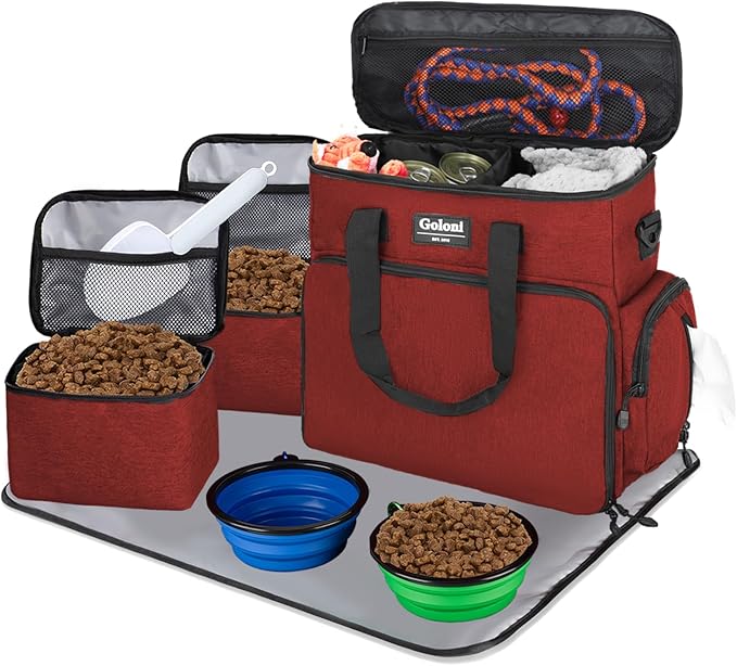 Dog Travel Bag Airline Approved–Pet Travel Tote with Collapsible Bowls,Food Containers & Feeding Mat–Multi-Pocket Organizer for Dogs & Cats, Durable & Water-Resistant for Hiking,Trips,Outdoors-PawvioPets