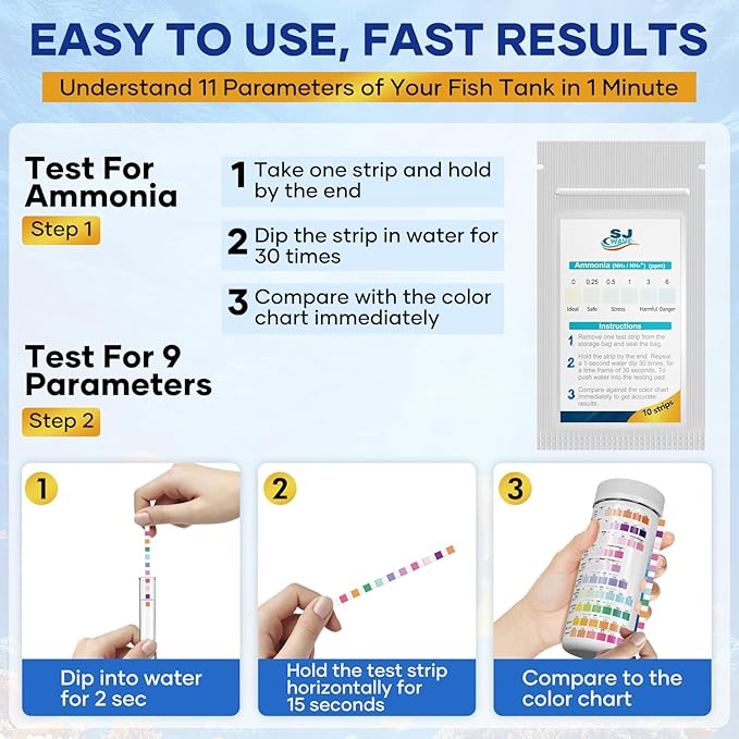 11 in 1 - Aquarium Test Strips | 950 Tests - 150 Strips | Fish Tank Aquariums Water Test Kit & ebook | Aquarium Thermometer | Fish Tank Water Testing Kit Includes 50 Ammonia Strips | Versatile Usage-PawvioPets