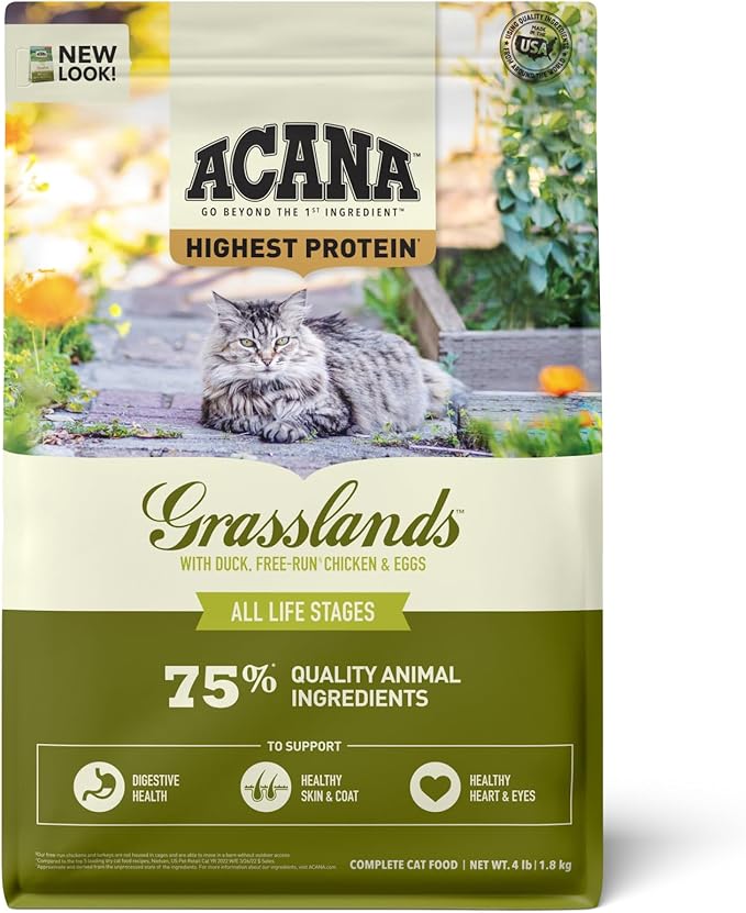 ACANA Highest Protein Grasslands Grain-Free Dry Cat Food, Duck, Free-Run Chicken and Eggs Cat Food Recipe, 4lb-PawvioPets
