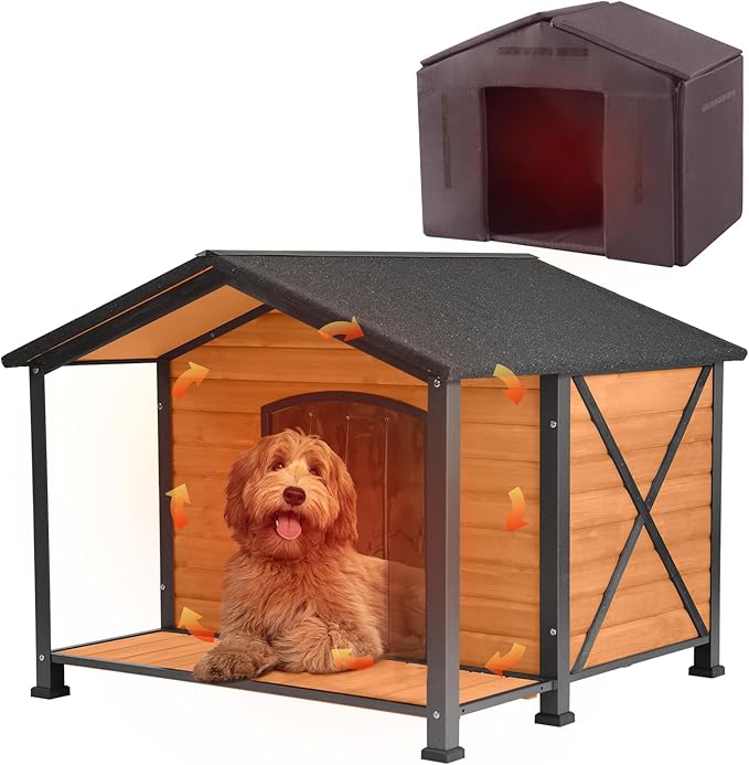 Extra Large Dog House Outdoor & Indoor, Insulated Liner Dog Kennel Weatherproof for Winter, 6 Sides All-Round Foam with Strong Metal Chew Proof Frame, for Small Medium Large Dogs-PawvioPets