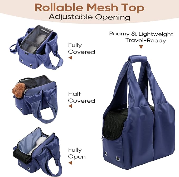 Dog Purse Carrier for Small Dogs, Cats, and Puppies – Soft-Sided Travel Pet Tote Bag with 4 Large Pockets, Foldable, Lightweight, Fits Pets up to 15 lbs, for Travel, Outings (Dark Blue)-PawvioPets