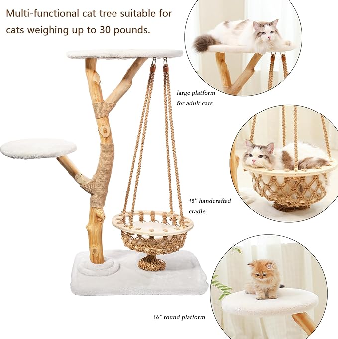 50" Tall Cat Tree Tower, Modern Cat Tree for Indoor Cats, Washable Wooden Perchs and Climbers for Large Cats, Cute Cat Furniture with Unique Cat Swing-PawvioPets