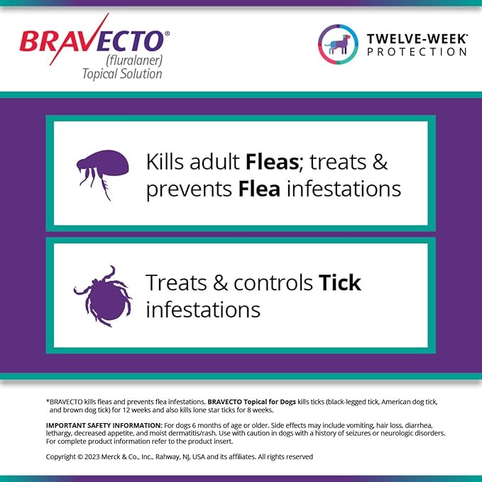 BRAVECTO Topical Solution for Dogs, Flea & Tick, 12 Week Supply, >44-88 lbs., Blue Box-PawvioPets