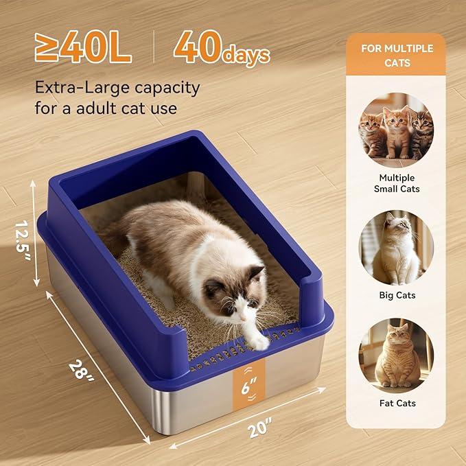 28" Extra Large Stainless Steel Cat Litter Boxes with Lid Metal Cat Litterbox Pan for Big Cats and Multiple Cats, Anti-Leakage, Easy Cleaning, Include Scoop-PawvioPets