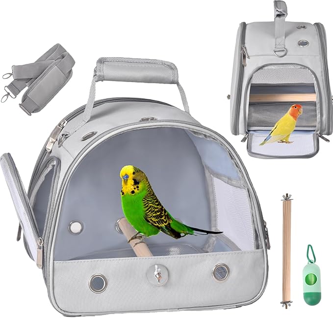 Bird Carrier Travel Cage with Stand, Small Bird Travel Carrier for Parrot with Perch, Side Access Window (Grey)-PawvioPets