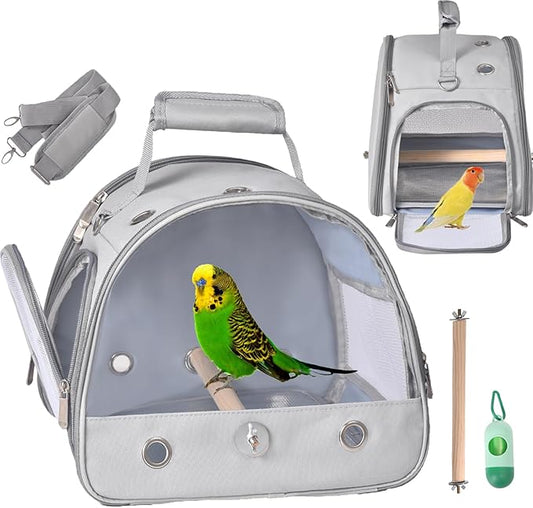 Bird Carrier Travel Cage with Stand, Small Bird Travel Carrier for Parrot with Perch, Side Access Window (Grey)-PawvioPets