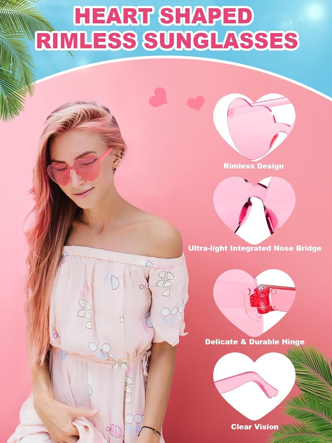 12 Pairs Heart Shaped Sunglasses for Women Kids Girls Colorful Glasses Fun Trendy Transparent Heart Sunglasses Party Favor (2 Pairs-Pink&Rose)