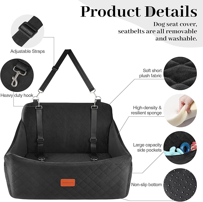 Dog Car Seat for Medium & Large Dogs Up to 55lbs, Memory Foam Cushion, Washable Cover, Safety Straps & Non-Slip Bottom(Black,Large)-PawvioPets