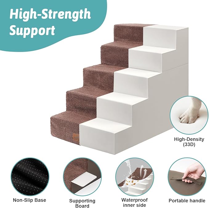Dog Stairs for Small Dogs, 5 Tier Removable Wider Pet Stairs for Couch and Bed, 23.6" H Non-Slip Dog Steps for Puppies and Old Cats with Support Board, 29.5x19.7x23.6 inch, Brown-PawvioPets