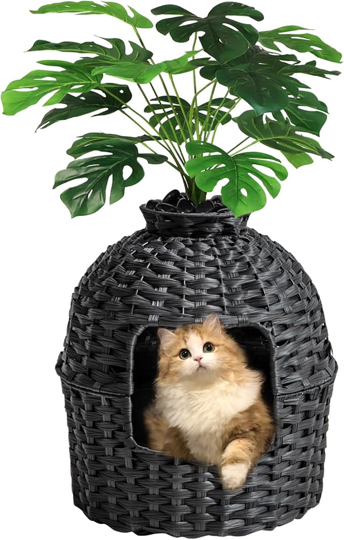 Cat Litter Box Plant Furniture Enclosure, Hidden Handwoven Rattan with Cat Litter Box and Artificial Plants, Odor Control Filter, Real Stones in Living Room, Bedroom, Corner (Black)-PawvioPets