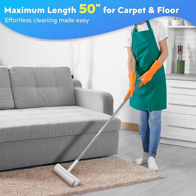 9.49'' Large Lint Rollers for Carpet and Floor, Extra Sticky Giant Rollers with 50'' Long Handle for Carpets, Couch, Floor, Clothing, and Pet Hair Cleaning(1 Pack Floor Roller)-PawvioPets