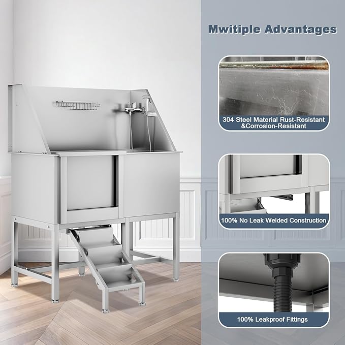 50" Dog Bathtub for Large Dogs, Professional Dog Washing Station with Wash Tub Attachment, Bath Pool for Outdoor, Indoor Shower and Grooming (50" Left Door)-PawvioPets