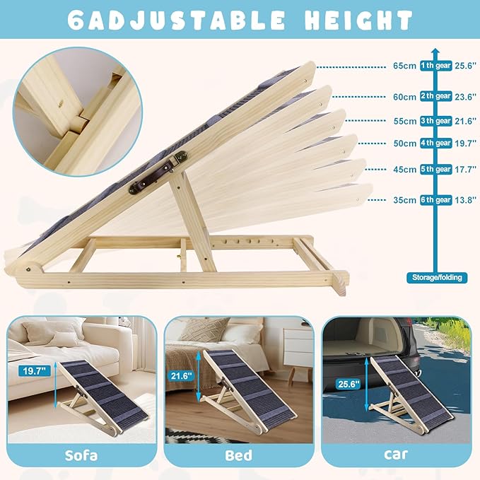 Dog Ramp for Bed, 6 Adjustable Height from 13.8" to 25.6", Folding Portable Wooden Pet Ramp for Small Dogs - Non-Slip High Traction Dog Ramp for High Bed Couch and Car Up to 200lbs-PawvioPets