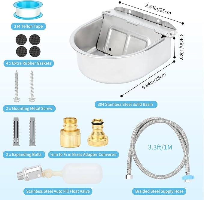 FHTONGE 304 Stainless Steel Automatic Dog Water Bowl Dispenser with Drainage and Float Valves, Large Auto Fill Dog Waterer for Outdoor Big Dogs Livestock Poultry Horse Cow Goat Pig Chicken Duck Rabbit-PawvioPets