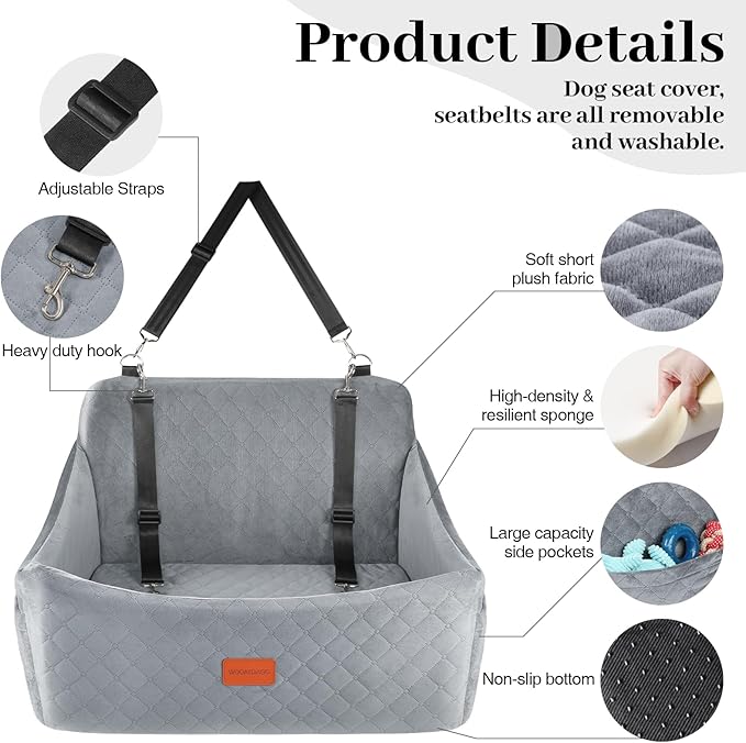 Dog Car Seat for Medium & Large Dogs Up to 55lbs, Memory Foam Cushion, Washable Cover, Safety Straps & Non-Slip Base(Grey,Large)-PawvioPets