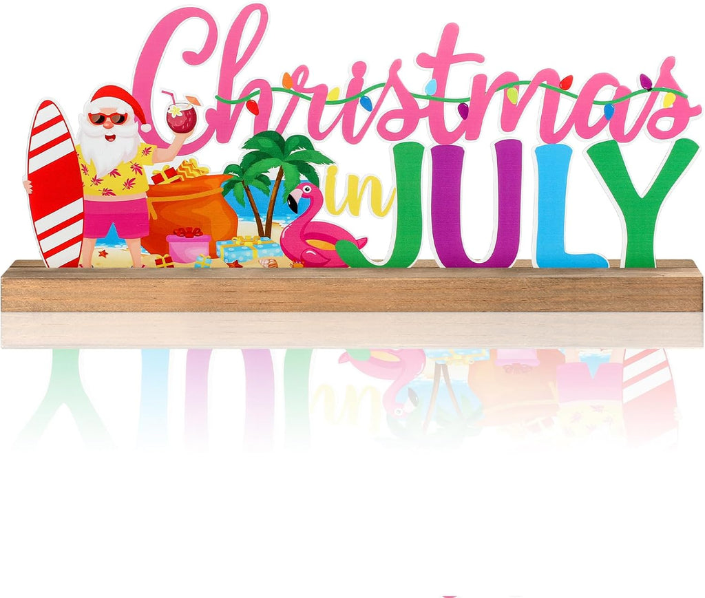 Christmas in July Metal Sign Rustic Table Decor Holiday Tiered Tray Decor with Wooden Base Freestanding Metal Word Sign for Home Tabletop Centerpiece Mantel Shelf Fireplace