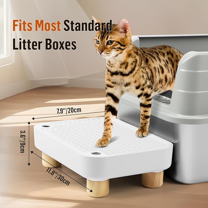 Cat Litter Box Step Ramp, Cat Litter Catcher Mat with Wooden Feet, Filter Function, Cat Pedal Stool for Self-Cleaning Cat Litter Box, Ideal for Kitten & Elderly Cats (White)-PawvioPets