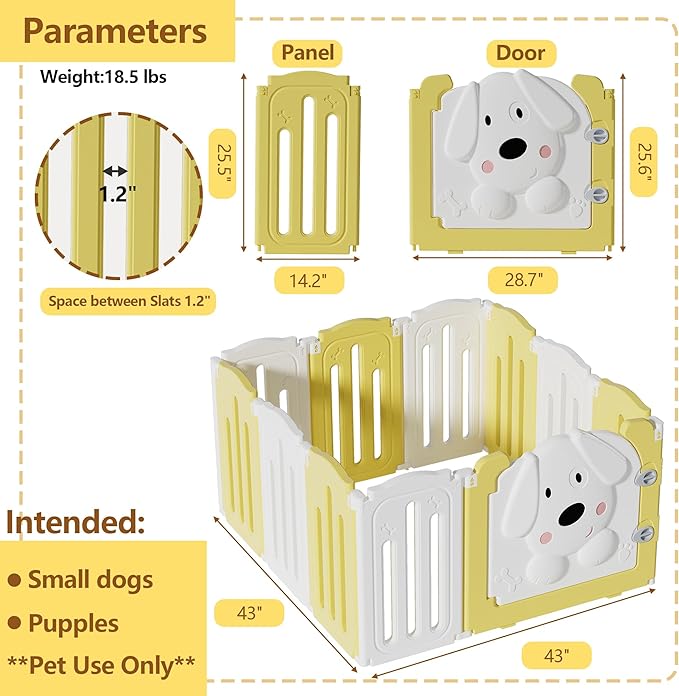 Foldable Dog Play Pen Indoors, Non-Slip Sturdy Puppy Playpen with Door, 25.5" H 10-Panel Adjustable Shape Dog Fence Pen for Small/Medium Dogs, Thickened, Easy to Store, White+Yellow-PawvioPets