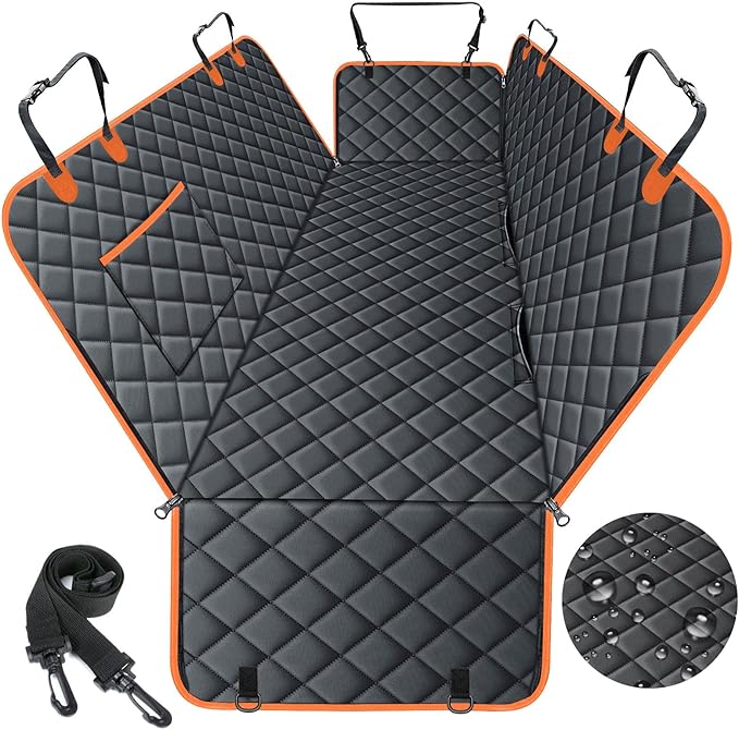 Dog Car Seat Cover, Durable Waterproof Scratch Proof Nonslip Dog Hammock, Back Seat Covers with Pocket for Cars SUVs and Trucks - S, Black/Orange-PawvioPets