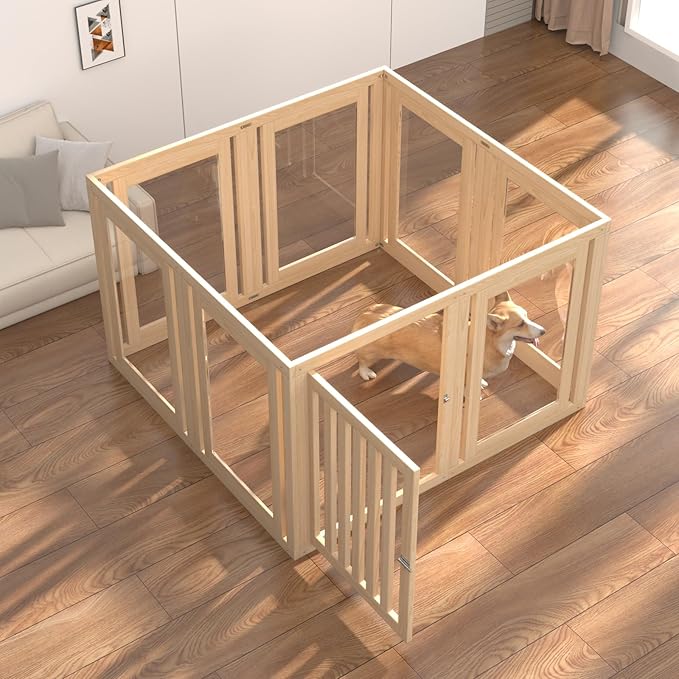 8 Panels Dog Playpen with Door, 23.6" H Pet Playpen Indoor, Clear Acrylic Puppy Playpens, Wooden Puppy Fence with Gate, Transparent Dog Pens, Pet Pen Indoor for Dogs, Cats, Rabbit, Small and Medium-PawvioPets