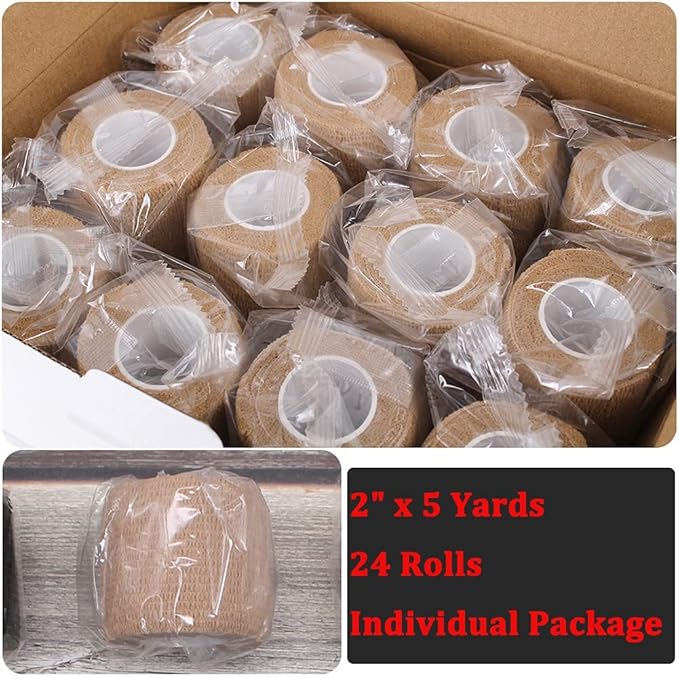 24 Pack Brown Breathable Self Adhesive Bandage Wrap 2 in, Multi-Purpose Non-Woven Cohesive Wrap - Vet Wrap | Athletic Tape | Medical Tape, Ankle Sprains, Swelling, Pets.-PawvioPets