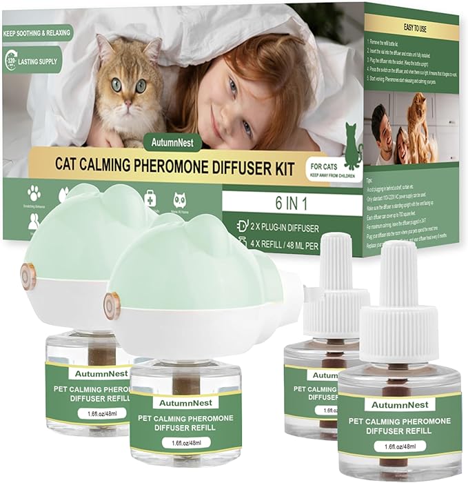 Cat Calming Diffuser Kit with 2 Plug-in & 4 Refills, Pheromone Diffuser for Cats Reducing Fighting, Scratching, Urine, Aggression, Anxiety, Fireworks, Vet Visits, Travel, 120 Day Supply, Safe Formula-PawvioPets