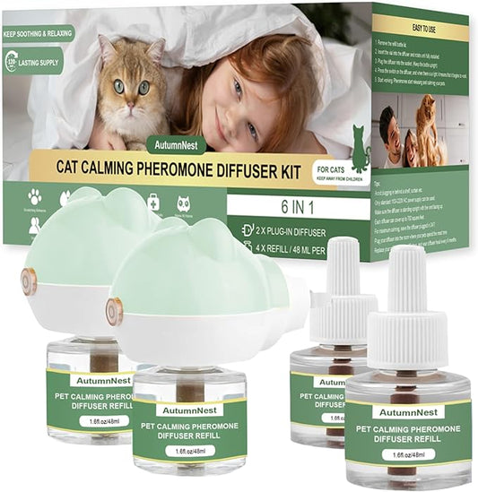Cat Calming Diffuser Kit with 2 Plug-in & 4 Refills, Pheromone Diffuser for Cats Reducing Fighting, Scratching, Urine, Aggression, Anxiety, Fireworks, Vet Visits, Travel, 120 Day Supply, Safe Formula-PawvioPets